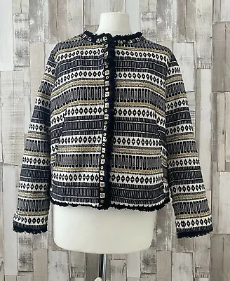 Buy Per Una Black & White Aztec Tribal Design Collarless Jacket Boho Style Size 10 • 6.90£