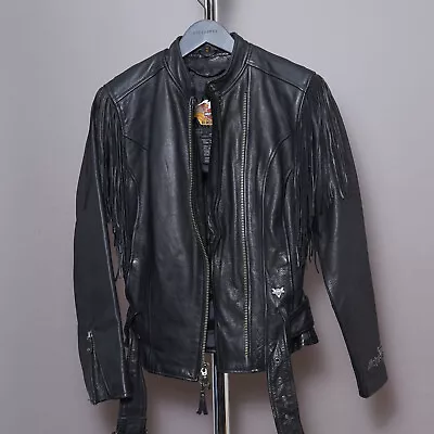 Buy Harley Davidson Womens Leather Jacket Medium Black Vintage Biker Tasseled Moto M • 149.99£