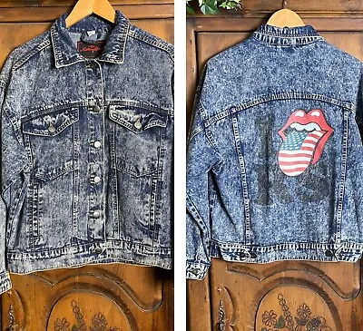 Buy VTG The Rolling Stones M Blue Denim Button Up Jean Jacket American Flag Tongue • 41.71£