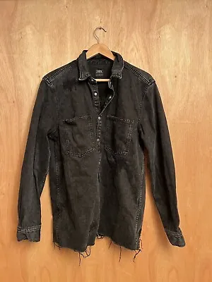 Buy Men Zara Black Snap Button Relaxed Fit Distressed 100% Cotton Jean Jacket Size M • 10£