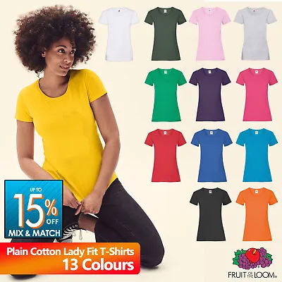 Buy Fruit Of The Loom Ladies T Shirt Womens Plain Lady Fit Cotton Value Tee Top SS77 • 4.50£