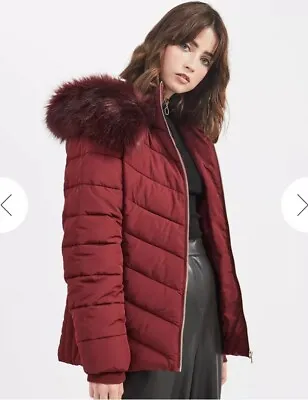 Buy Miss Selfridge Burgundy Faux Fur Hood Puffer Chevron Jacket Size 10 • 30£