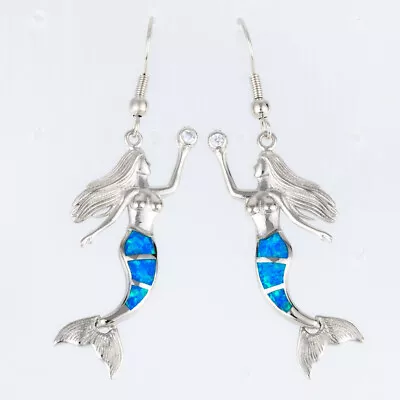 Buy Ocean Blue Fire Opal Mermaid Women Silver Jewellery Dangle Drop Earrings • 4.50£