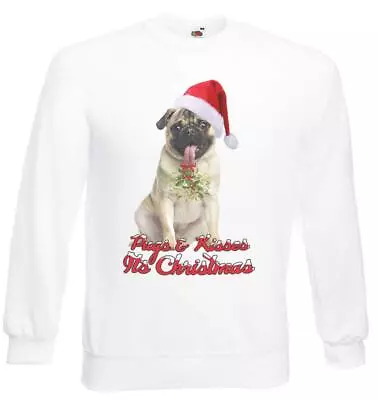 Buy Adults Pugs & Kisses Dog K9 Cute Festive White Unisex Christmas Jumper • 21.95£