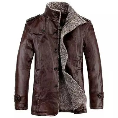 Buy Men Warm Winter Overcoat Leather Lamb Fur Lined Thick Coat Fashion Cowboy Jacket • 6.99£
