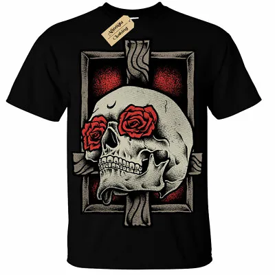Buy Skull Cross T-Shirt Mens Rose Gothic Rock Goth Roses Dark Skeleton • 11.95£