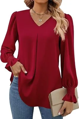 Buy Womens V Neck Plain T Shirt Blouse Ladies Long Sleeve Casual Loose Pullover Tops • 11.89£