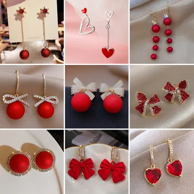 Buy Fashion Red Bow Pearl Zircon Stud Earrings Dangle Charm Women Xmas Party Jewelry • 2.50£