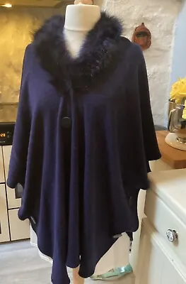 Buy Ladies Cape - Blue - Finely Knitted - Fur Collar - Free Sized - Leather Buttons • 22£