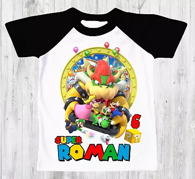 Buy Mario & Bowser Custom Birthday T-shirt Raglan Kids Size 4 Black Short Sleeve • 14.46£