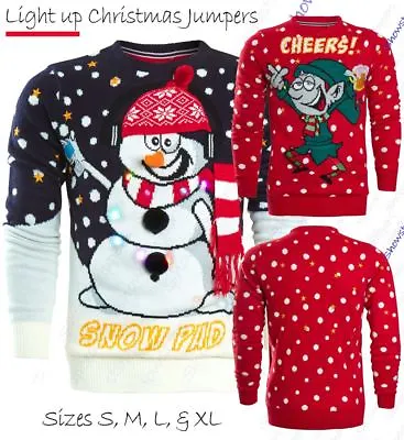 Buy Mens Christmas Jumper LIGHTS Red Elf Xmas Snowman Size S M L XL Green Novelty • 18.95£