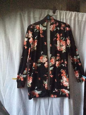Buy OVERMAL  Med Poiy Cotton Jacket Black Floral Open Front Long Sleeves 3/4 Lenght • 7.50£