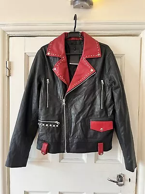Buy Asos Men’s Black & Red 100% Genuine Leather Studded Biker Jacket BNWT Size L • 95£