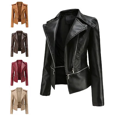 Buy Womens Faux Leather Lapel Collar Slim Fit Jacket Detachable Hem Casual Outwear • 38.02£