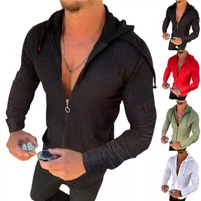 Buy Men Long-Sleeve Full Zip Hoodie Hooded Casual T-Shirt Slim Fit Tee Muscle Tops • 10.55£