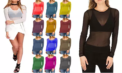 Buy Women Sheer Mesh T-shirt  Ladies Long Sleeve See Through Round Neck Stretchy Top • 7.99£