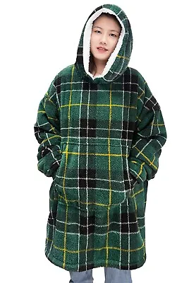 Buy Tartan Check Oversized Hoodie Teddy Sherpa Fleece Unisex Jumper Wearable Blanket • 20.99£