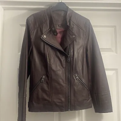 Buy Ladies Next Dark Burgundy Real Leather Biker Jacket Bnwot Size 14  • 59.99£