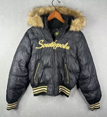 Buy Vintage SOUTHPOLE Bomber Hooded Puffer Jacket South Pole Y2K Fur • 40.15£