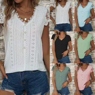 Buy Womens V Neck T-shirts Tops Summer Casual Short Sleeve Blouse Tee PLUS SIZE 8-22 • 4.75£