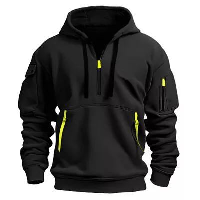 Buy Retro Men Sweatshirt Work Half Zip Up Jumper Hoodie Hooded Jacket Coat • 14.66£
