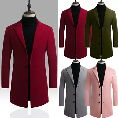 Buy Men Single Breasted Trench Coat Long Jacket Wool Overcoat Cardigan Outwear Warm • 22.79£