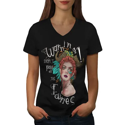 Buy Wellcoda Warning Fairies Fashion Womens V-Neck T-shirt,  Graphic Design Tee • 15.99£