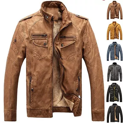 Buy Mens Leather Jacket Motorcycle Winter Fur Lining Black Slim Fit Biker Warm Coat • 42.31£