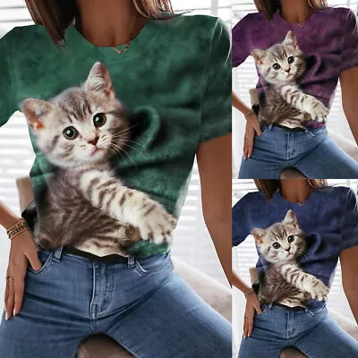 Buy Women 3D Cat Funny Print Short Sleeve T-shirt Top Casual Pullover Blouse Shirts~ • 6.06£