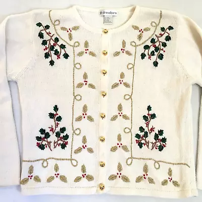 Buy Dressbarn Christmas Sweater Cardigan Gold Metallic Holly Berries Medium M • 11.34£
