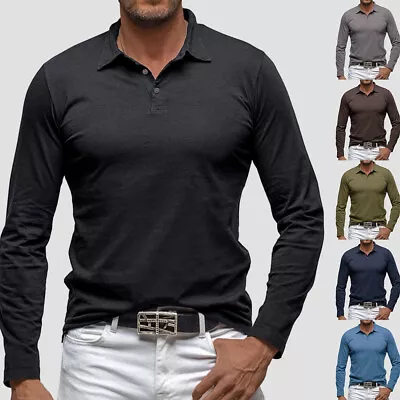 Buy Mens Lapel Neck Business Polo Shirt Casual Long Sleeve Tops Sport T Shirts 44 • 2.79£