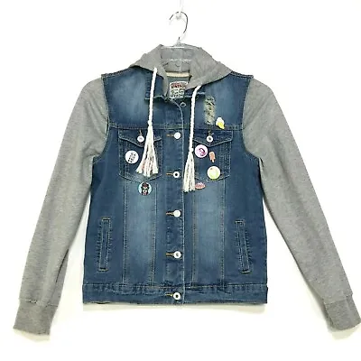 Buy Pure Fresh Hooded Denim Jacket Womens S Small Sweatshirt Hood Slvs PATCHES PINS • 21.88£