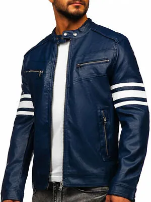 Buy Men's Genuine Lambskin Leather Motorcycle Jacket Slim Fit Biker Blue Jacket • 125£