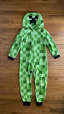Buy Kids Unisex MINECRAFT Creeper Green One Piece Zip Up Hooded Pajamas Size 8 • 12.81£
