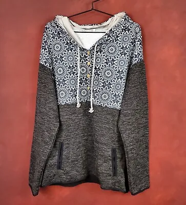 Buy Womens Long Sleeve Hoodie Jacket Black Gray Floral Heather 4-Button Pullover 3XL • 30.70£
