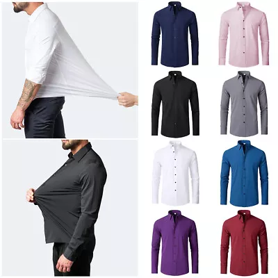 Buy Plus Size Men Long Sleeve Slim Fit Shirts Casual Solid Color Social Formal Shirt • 11.99£