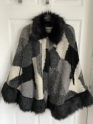 Buy Ladies Black Mix RIVER ISLAND Wool Blend Faux Fur Trim Poncho Cape  - Size 6 • 15£