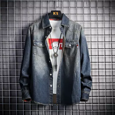 Buy Men's Denim Long Sleeve Workwear Shirt Trend Youth Fitted Coat Jean Shirt Jacket • 31.54£