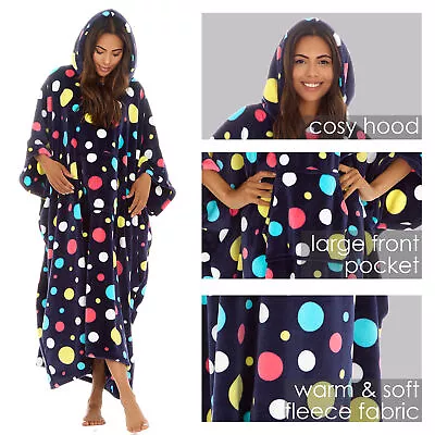 Buy Womens Ladies Longline Fleece Hoodie Blanket Full Length Oversize Navy Dotted UK • 24.99£