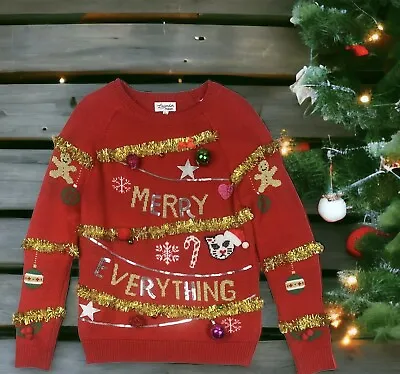Buy Womens M Christmas Tacky Ugly Sweater Pullover Red Knit Party Cat Glitter Tinsel • 18.89£