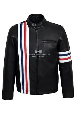 Buy Men's Black Leather Jacket AMERICAN Biker Style Stripes REAL LEATHER EASY RIDER • 103.91£
