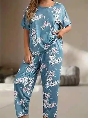 Buy Pyjama Set Plus 24 26 Ladies Teal Green Floral Stretchy Loungewear Comfort Curve • 13.49£