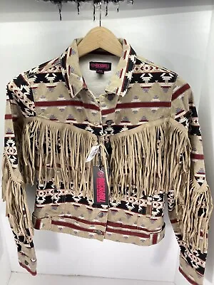 Buy Rock Roll Denim Jacket Women Size XS Aztec Southwest Fringe Button Western NWT • 56.50£