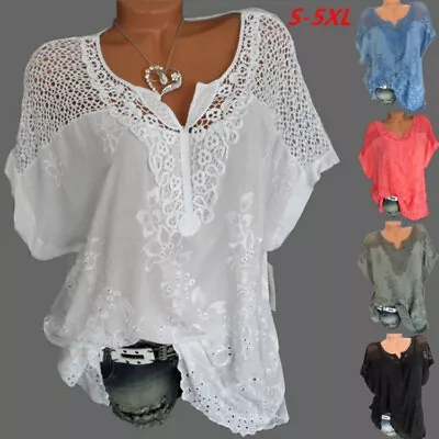 Buy Womens Lace V-Neck Baggy Tops Ladies 3/4 Sleeve Loose T-Shirts Blouse Plus Size • 9.98£