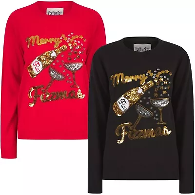Buy Womens Christmas Novelty Jumper  Merry Fizzmas  Sparkly Sequin Xmas Sweater Top • 19.95£