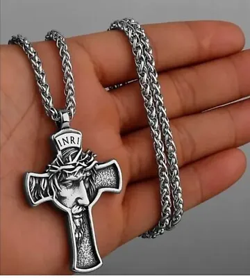Buy Mens Stainless Steel Jesus Christ Face Crucifix Cross Pendant Necklace • 8.45£