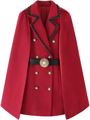 Buy Women Mid Length Cape Coat Lapel Wool Blend Red Double Breasted Cloak Overcoat • 159.07£