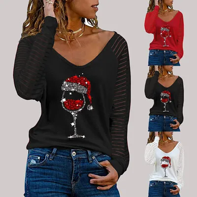 Buy Christmas Womens Wine Glass Printed T Shirt Xmas Long Sleeve Casual Blouse Tops • 3.41£