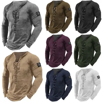 Buy Mens Holiday Medieval Long Sleeve T-shirt Casual Party Lace Up Blouse Tee Tops • 3.99£