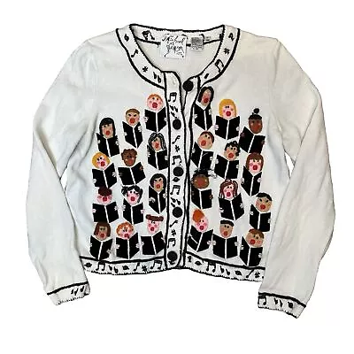 Buy Michael Simon Cardigan Sweater Medium Choir Music Xmas Caroler  White Black 1998 • 46.22£